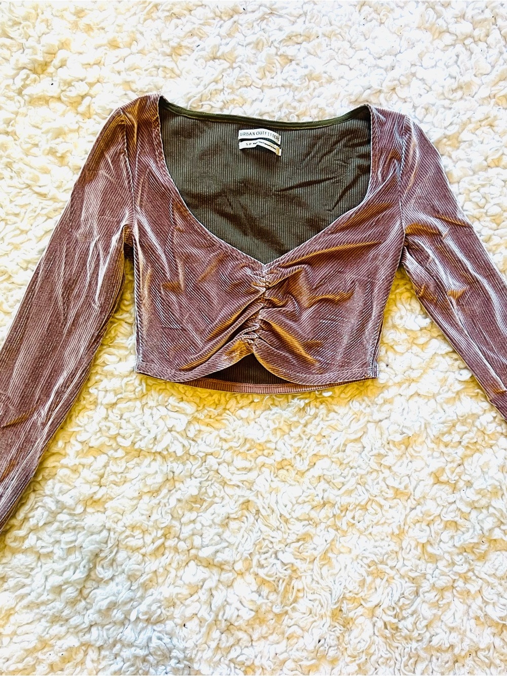 Ruched Velvet Long-Sleeve Crop Top - Dusty Rose
